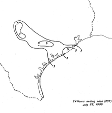 Black and white contoured map of rainfall totals, ranging from 3 in (76 mm) to 9 in (230 mm).