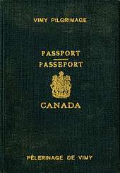 A Passport with the Canadian coat of arms in the middle and text in both French and English identifying the book as a passport for the Vimy Pigrimage