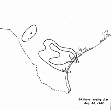 Black and white contoured map of precipitation, with contours representing 3 in (75 mm) intervals in rainfall.