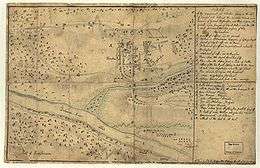 A stained and discolored manuscript sketch. The two man roads of Trenton run parallel north-south, with the bridge over Assunpink Creek just to the south. Further south and west the wide Delaware River is shown. The American force indicators are shown moving along two roads that approach Trenton from the northwest; some forces move across the bridge to the southeast side of the creek, while others envelop the Hessian forces attempting to form up to the east of the town.