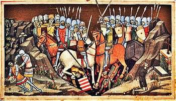 Illuminated manuscript with two mounted armies, swords and spears raised in the battle of Ménfő