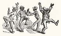 Four blackface performers making exaggerated movements with arms and legs.