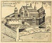 The Quebec Settlement : A.—The Warehouse. B.—Pigeon-loft. C.—Detached Buildings where we keep our arms and for Lodging our Workmen. D.—Another Detached Building for the Workmen. E.—Sun-dial. F.—Another Detached Building where is the Smithy and where the Workmen are Lodged. G.—Galleries all around the Lodgings. H.—The Sieur de Champlain's Lodgings. I.—The door of the Settlement with a Draw-bridge. L Promenade around the Settlement ten feet in width to the edge of the Moat. M.—Moat the whole way around the Settlement. O.—The Sieur de Champlain's Garden. P.—The Kitchen. Q.—Space in front of the Settlement on the Shore of the River. R.—The great River St. Lawrence.