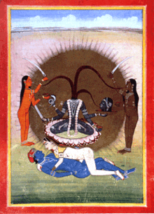 A decapitated, nude, four-armed, grey-complexioned woman seats on a lotus over a copulating couple. She holds her own severed head, a skull-cup, a serpent and a sword. Three streams of blood from her neck feed her head and two nude, standing women (a orange one and another brown-coloured) holding a sword and a skull-cup, who flank her.