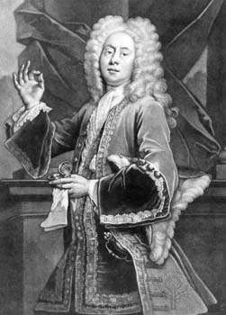 Interior scene of a young Cibber in fine 17th century clothes, richly embroidered, wearing a full wig, holding up a pinch of snuff in his right hand between thumb and forefinger, with the snuffbox and handkerchief in his left hand.