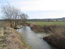 a Lowland landscape in the wide Welland valley, with distant hills on the horizon. Most of the picture is taken up with what appears to be a river flowing from in front of the viewer and out through the top of the frame, with a smaller stream joining from the right. But by convention it is the Welland that flows in from the right and out the top, and the Eye Brook that is at the photographer's feet and loses its identity at the junction with the Welland. It is a winters day, the trees on the left bank are bare and the grass brown along the waters edge. But in the middle distance a field of winter wheat is verdant.