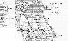 A black and white line drawing of the geological zones of the East Riding of Yorkshire