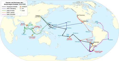 A map of the Pacific and Atlantic Oceans, showing the route of the ships; Dresden steamed from the Caribbean around South America to the Pacific