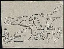 A black-and-white cartoon drawing. A long-necked dinosaur in the center reels back on its hind legs. It looks at a mastodon which is walking on-frame from the left.