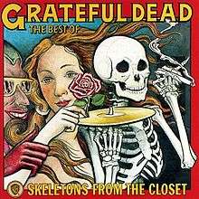 A line drawing of a skeleton holding a record, a woman holding a rose, and a man holding the woman