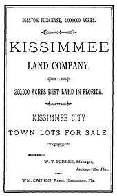 A black and white image of a land sale notice announcing 4 million acres (16,000 km2) purchased by Hamilton Disston; 20,000 acres (81 km2) are up for sale, specifically featuring town lots for sale