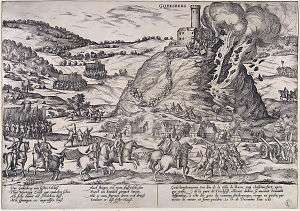 A castle stands at the top of a steep hill, and its walls are being blown away in explosion and fire. The fortress is surrounded by mounted and foot soldiers, and several units of mounted soldiers are racing up the hill toward the castle on its peak