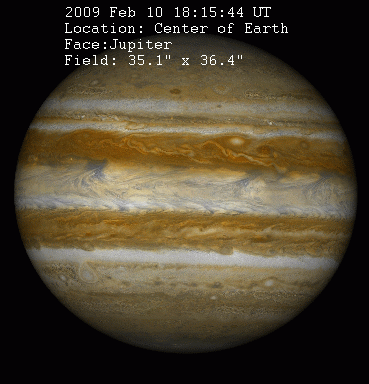 An animation simulating the orbital motion of a small, planetary body as it passes from left to right in front of Jupiter. A dark, circular spot is seen on Jupiter, moving left to right with the same speed, and to the right, of the smaller body.