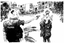 Cartoon of a man representing "politics" pointing a gun at George W. Bush's head. A storefront sign says "Iraq."
