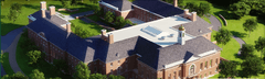 Aerial view design of brick building wrapping around three sides of a square courtyard