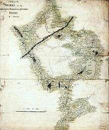 This manuscript map shows the highland area that Arnold had to cross. Montresor's route is traced, being roughly similar to Arnold's eventual route traversing the Kennebec, Dead, and Chaudière Rivers.