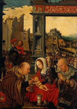 An oil painting of the Adoration of the Magi in a landscape near a ruin