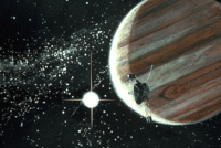 A painting of a spacecraft in front of a crescent Jupiter, the distant Sun, and the stars of the Milky Way in the background. The night-side of Jupiter is illuminated.