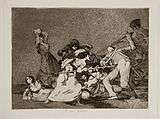 A struggle between nine or more civilians including both men and women against the soldiers. Several civilians have fallen dead, a woman prepares to throw a stone at a soldier's head, while another woman rams a soldier with a long pole; he falls sword in hand, others fight at close quarters with swords and knives. A uniformed soldier to the far right fires his rifle at the civilians shooting them down.