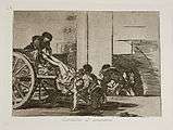 A cart is being loaded with the dead. A man hoists the body of a woman into the arms of a third man standing in the cart, while two other men carry more bodies to the cart to be loaded.