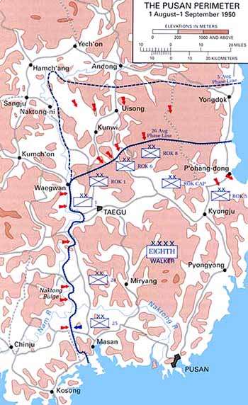 Map showing the dispositions of military forces around the Pusan Perimeter in August–September 1950. Pusan is in the bottom righthand corner of the map, markings show that the US and their allies held land roughly rectangular in shape, approximately 30 miles east-west, and 60 north-south on 3 August, shrinking to 40 miles north-south by 26 August. The map also shows that much of the terrain is very hilly.