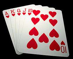 Five playing cards – the ace, king, queen, jack and ten of hearts – spread out in a fan.