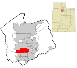 Two maps.  The first map is a map of Utah with a colored in section in the middle representing where Salt Lake County is located.  Second map is a map of Salt Lake County has a colored in section in the southwest showing where South Jordan is located.