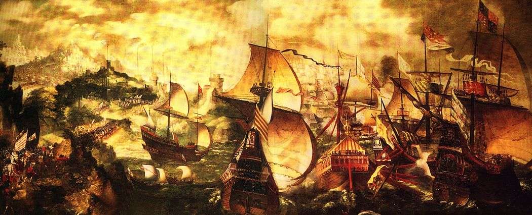 Elizabeth I and the Spanish Armada. Anonymous. Oil on canvas, 121.3 × 284.5 cm ( 47 3⁄4 × 112 in). Early 17th century.