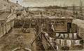  An extremely intricate drawing in exact perspective of a backyard seen from above. There is laundry hanging out to dry in the foreground and meadows with some buildings on the horizon in the background.